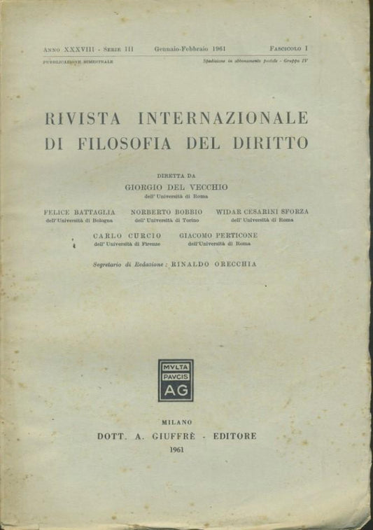 Rivista internazionale di filosofia del diritto. Anno XXXVIII. Serie III. Gennaio - Febbraio 1961 - copertina