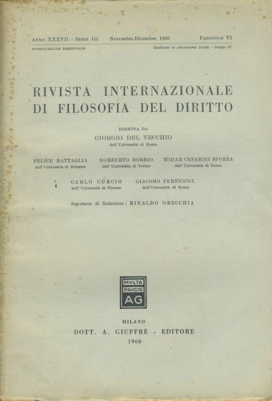 Rivista internazionale di filosofia del diritto. Anno XXXVII. Serie III. Novembre - Dicembre 1960 - copertina
