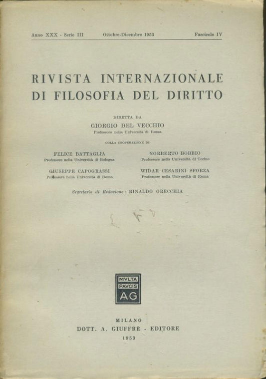 Rivista internazionale di filosofia del diritto. Anno XXX. Serie III. Ottobre- Dicembre 1953 - copertina