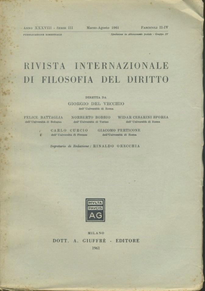 Rivista internazionale di filosofia del diritto. Anno XXXVIII. Serie III. Marzo - Agosto 1961 - copertina