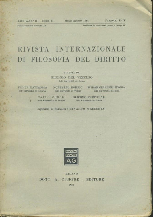 Rivista internazionale di filosofia del diritto. Anno XXXVIII. Serie III. Marzo - Agosto 1961 - copertina