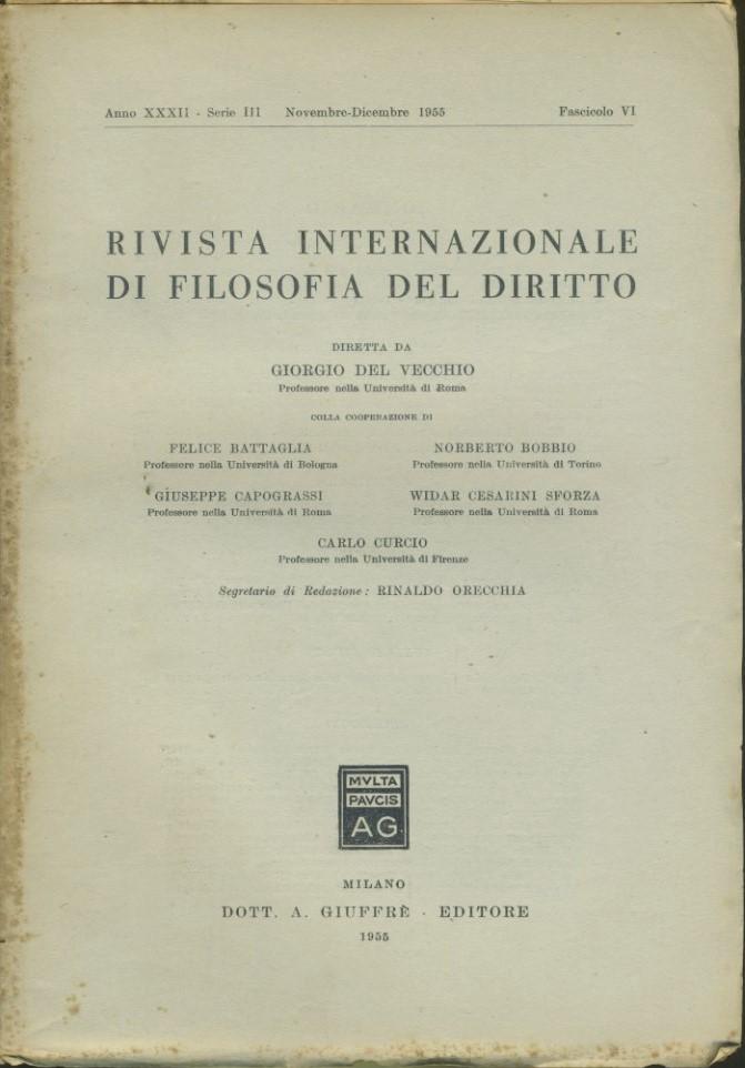 Rivista internazionale di filosofia del diritto. Anno XXXII. Serie III. Novembre - Dicembre 1955 - copertina