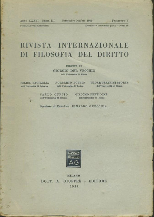 Rivista internazionale di filosofia del diritto. Anno XXXVI. Serie III. Settembre - Ottobre 1959 - copertina