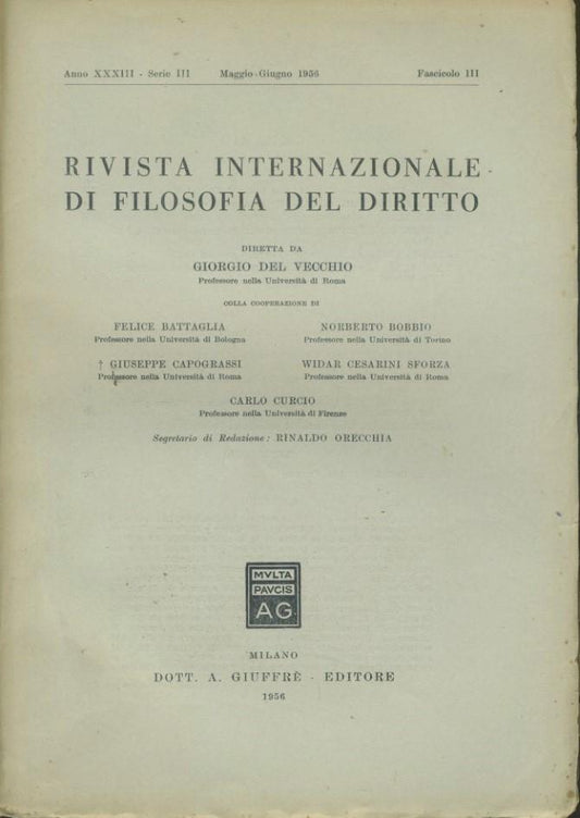 Rivista internazionale di filosofia del diritto. Anno XXXIII. Serie III. Maggio - Giugno 1956 - copertina