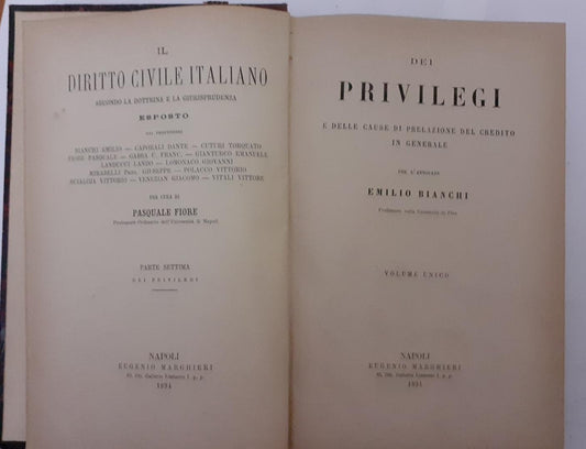 Dei privilegi e delle cause di prelazione del credito in generale. Volume unico. - copertina