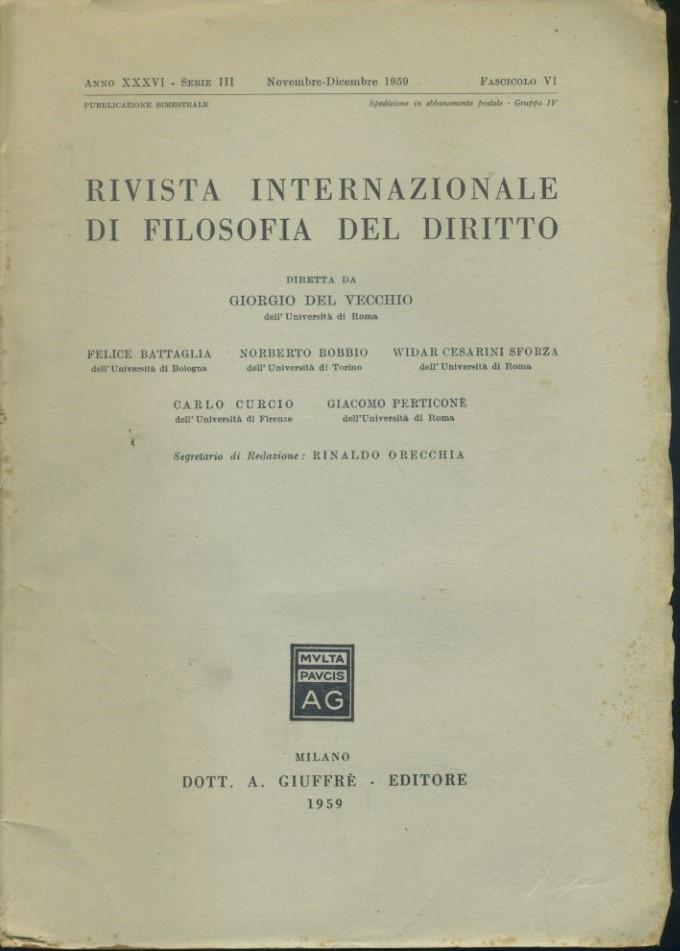 Rivista internazionale di filosofia del diritto.Anno XXXVI. Serie III. Novembre - Dicembre 1959 - copertina