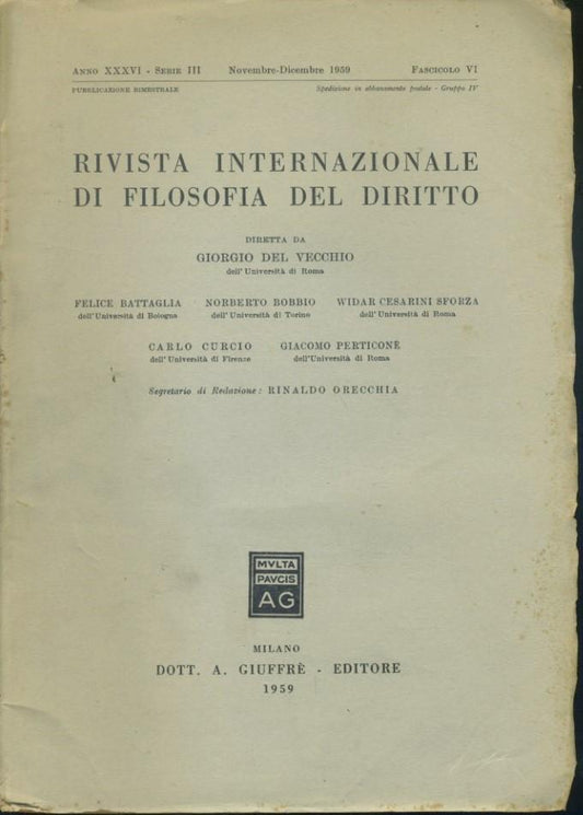 Rivista internazionale di filosofia del diritto.Anno XXXVI. Serie III. Novembre - Dicembre 1959 - copertina