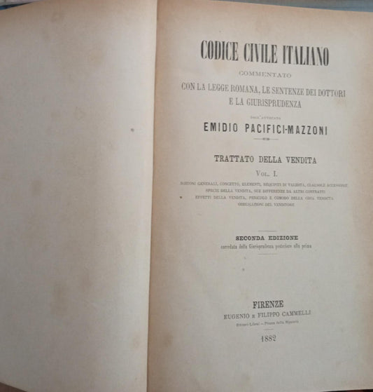 Codice civile italiano commentato con la legge romana. Trattato della vendita Vol. I - copertina
