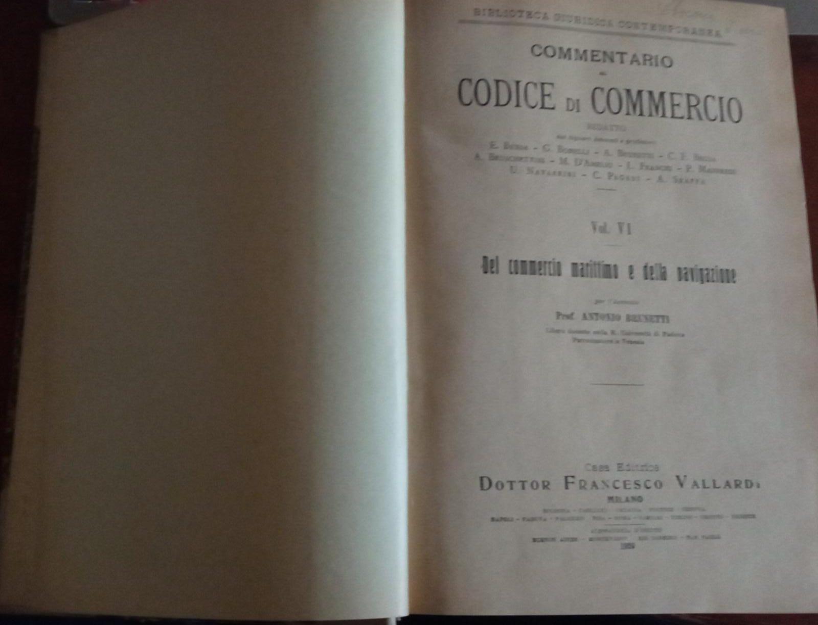 Commentario al codice di commercio Vol. VI. Del commercio marittimo e della navigazione - copertina