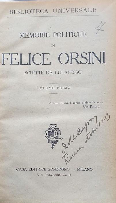 Memorie politiche di Felice Orsini scritte da lui stesso, vol. 1 - copertina