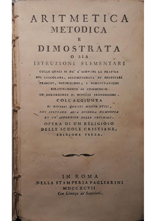 Aritmetica metodica e dimostrata o sia istruzioni elementari - copertina