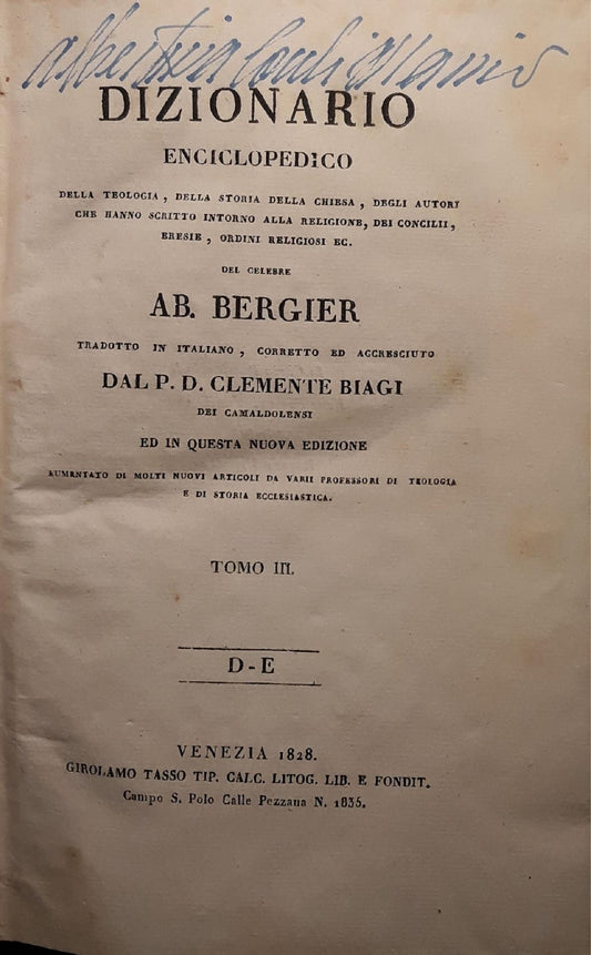 Dizionario enciclopedico della teologia, della storia della chiesa..(tomo III ) - copertina