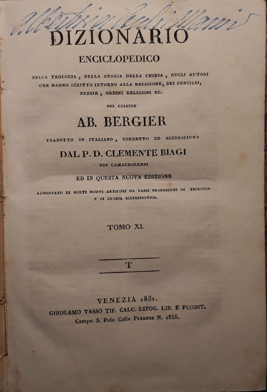 Dizionario enciclopedico della teologia, della storia della chiesa,..(Tomo XI) - copertina