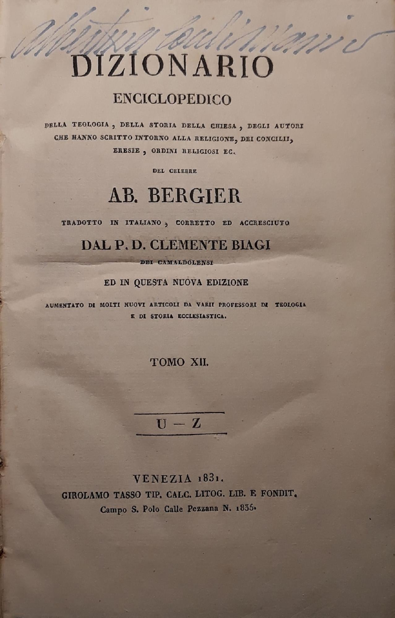 Dizionario enciclopedico della teologia, della storia della chiesa,..(tomo XII) - copertina