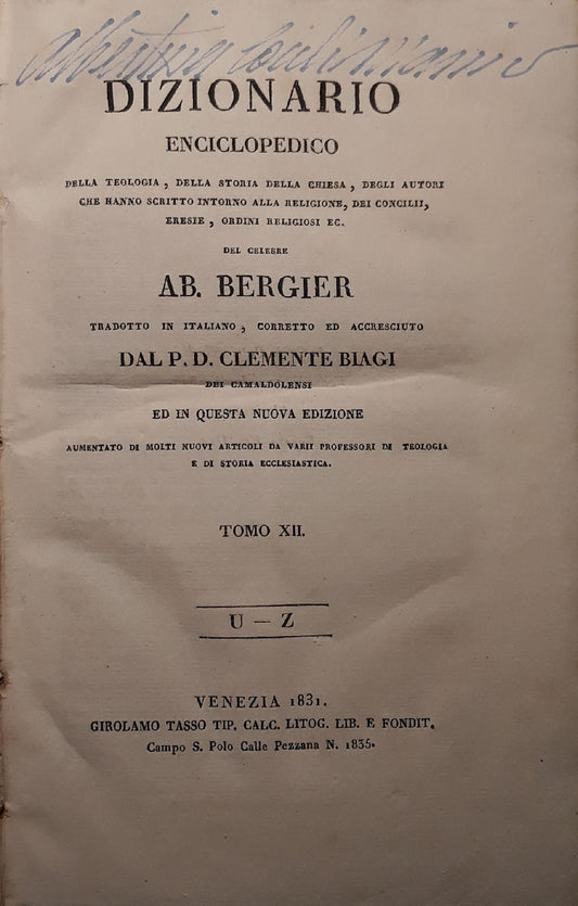 Dizionario enciclopedico della teologia, della storia della chiesa,..(tomo XII) - copertina