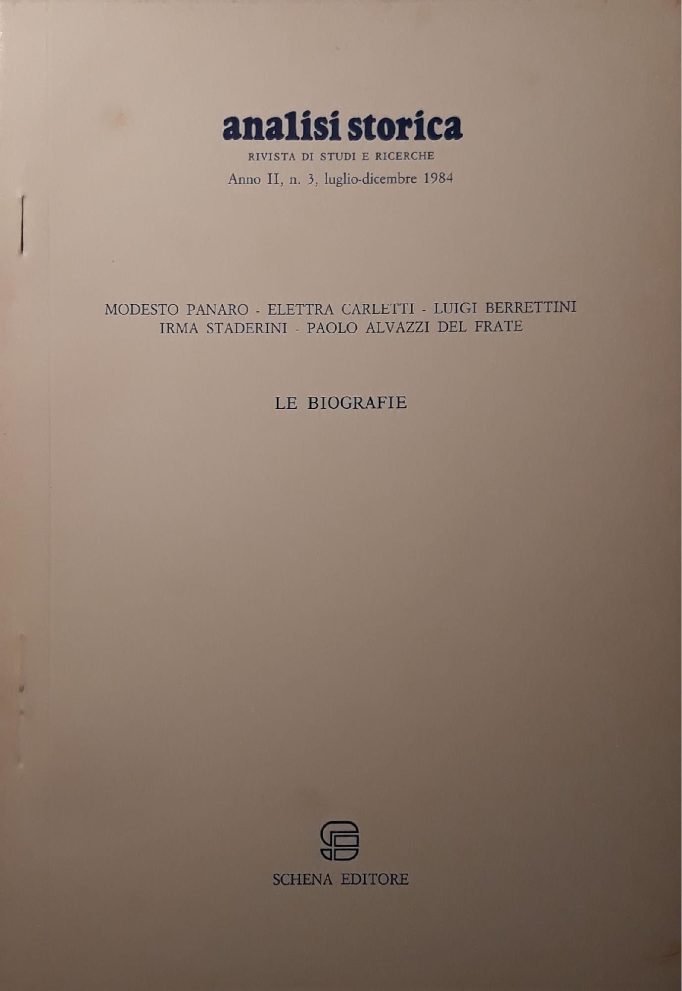 Analisi storica: Le biografie (estratto del n.3 Luglio - Dicembre 1984) - copertina
