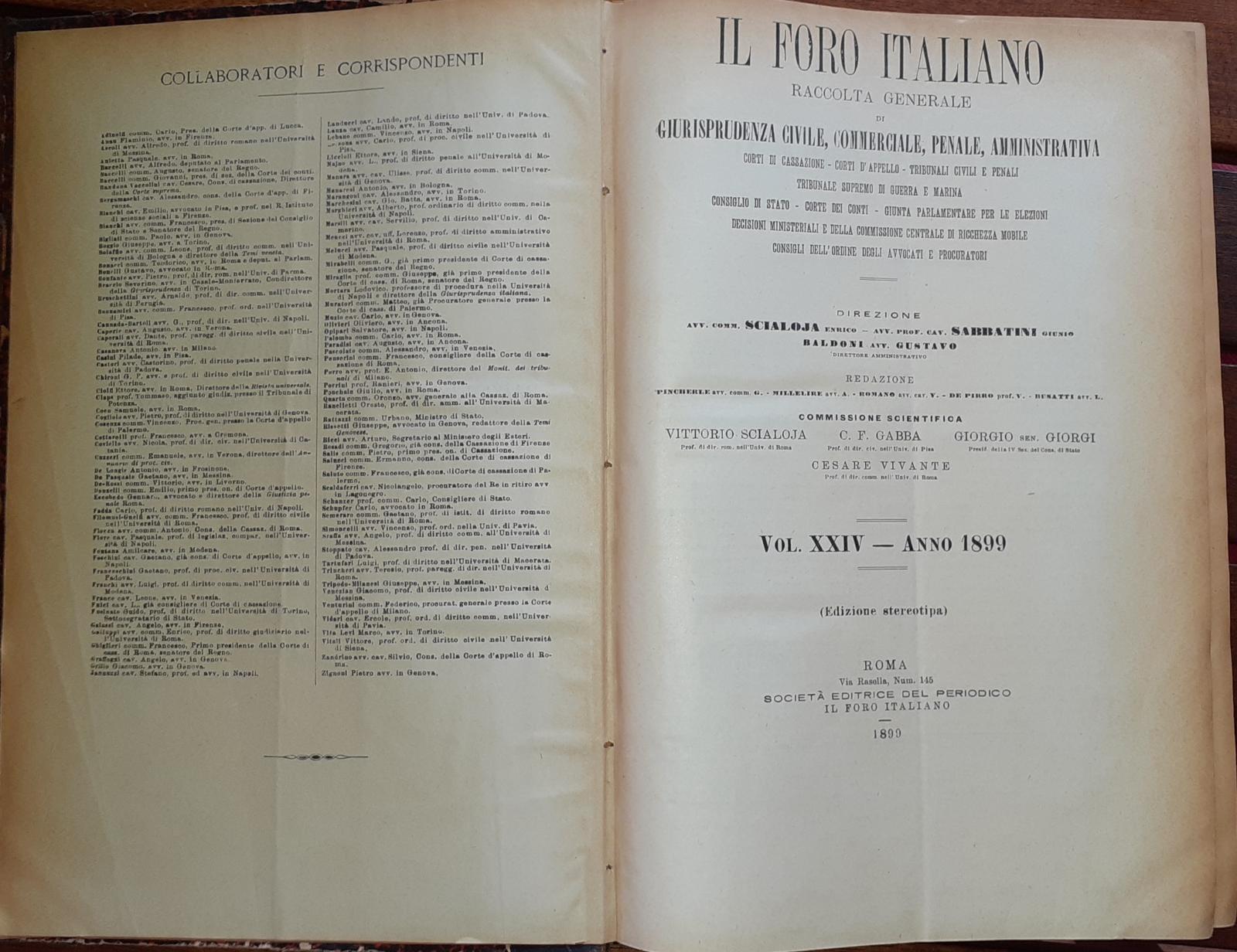 Il Foro Italiano raccolta generale di giurisprudenza civile, commerciale, penale amministrativa. Volume XXIV - copertina