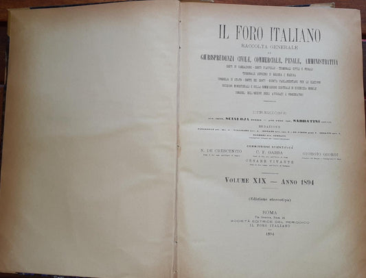 Il Foro Italiano.  Raccolta generale di giurisprudenza civile, commerciale, penale, amministrativa, Volume XIX - copertina
