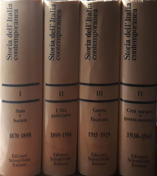 Storia dell'Italia contemporanea: volume primo, stato e società p.421; volume secondo, l'età giolittiana 1899-1914 p. 270; volume terzo, guerra e fascismo 1915 - 1929 p.523; volume quarto, crisi europea e guerra mondiale p.364 - copertina