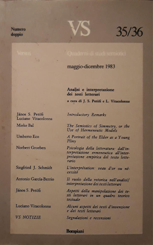 VS - Versus quaderni di studi semiotici (maggio-dicembre 1983) - copertina