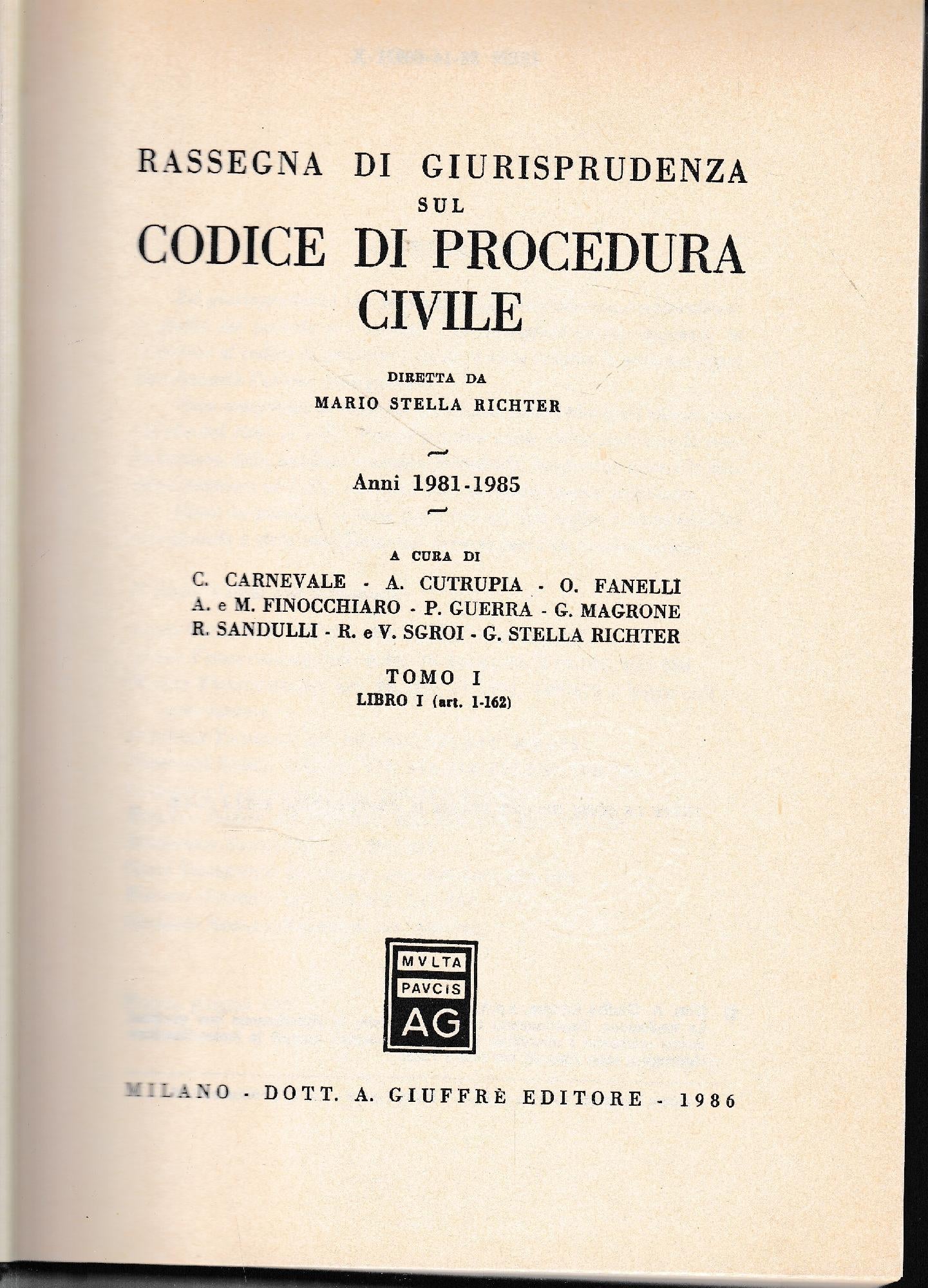 Rassegna di Giurisprudenza sul Codice di Procedura Civile, tomo I, libro I (art. 1-162) - copertina
