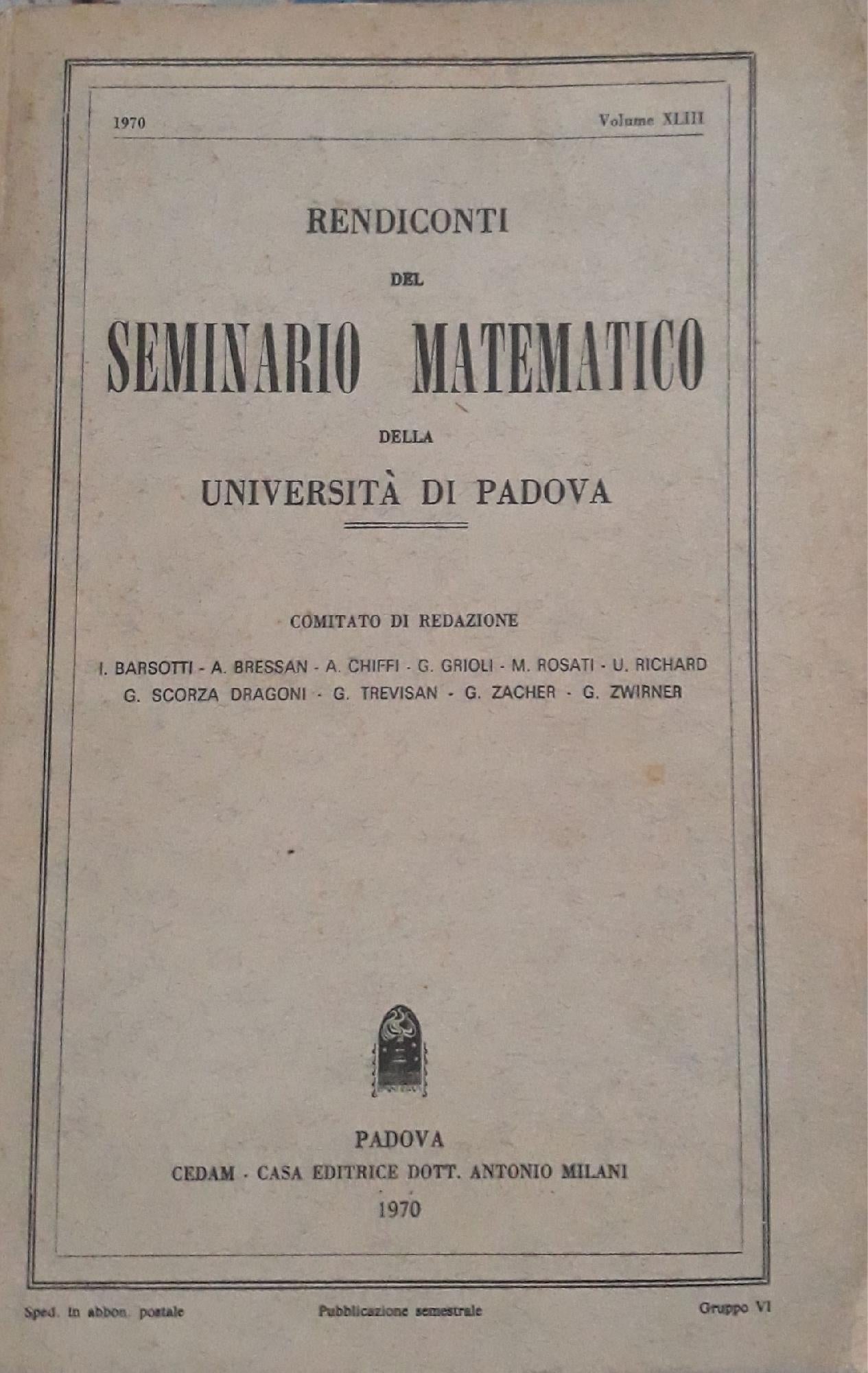 Rendiconti del seminario matematico della università di Padova (volume XLIII 1970) - copertina