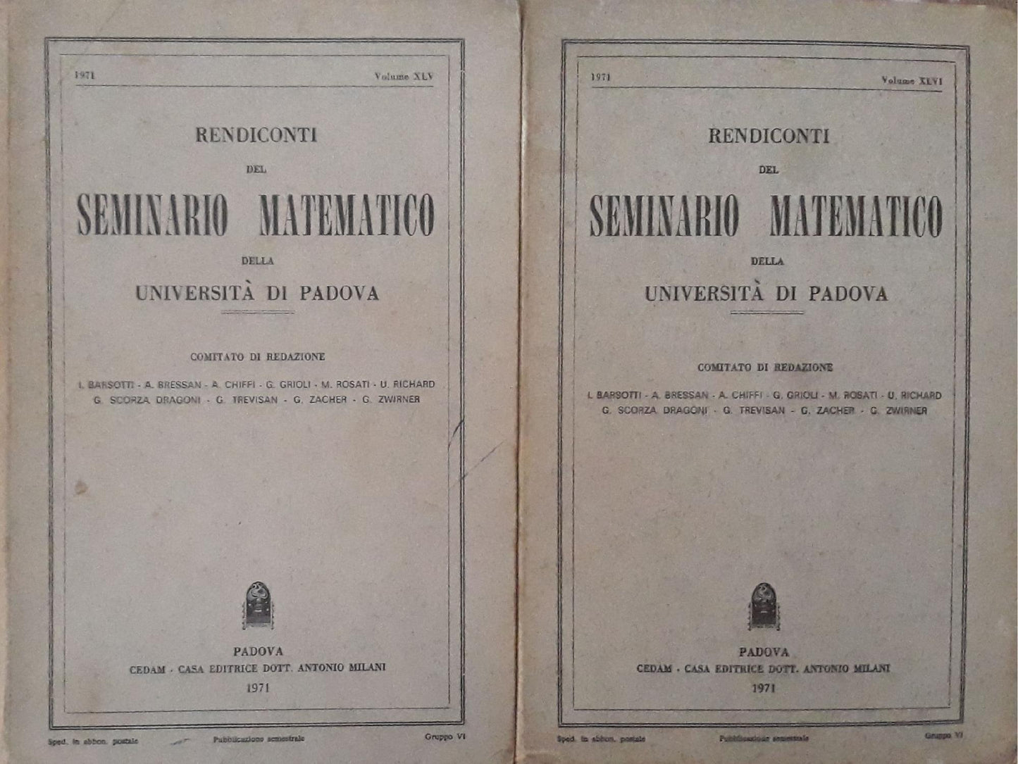 Rendiconti del seminario matematico della Università di Padova (vol. XLV p.378 e XLVI p.420; 1971) - copertina