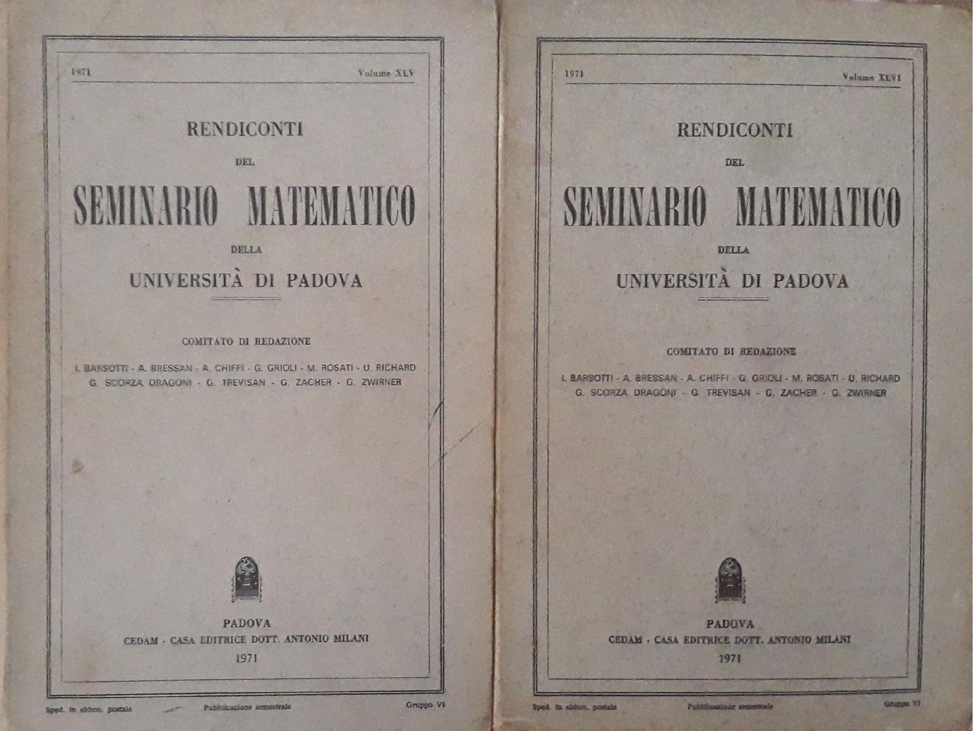 Rendiconti del seminario matematico della Università di Padova (vol. XLV p.378 e XLVI p.420; 1971) - copertina