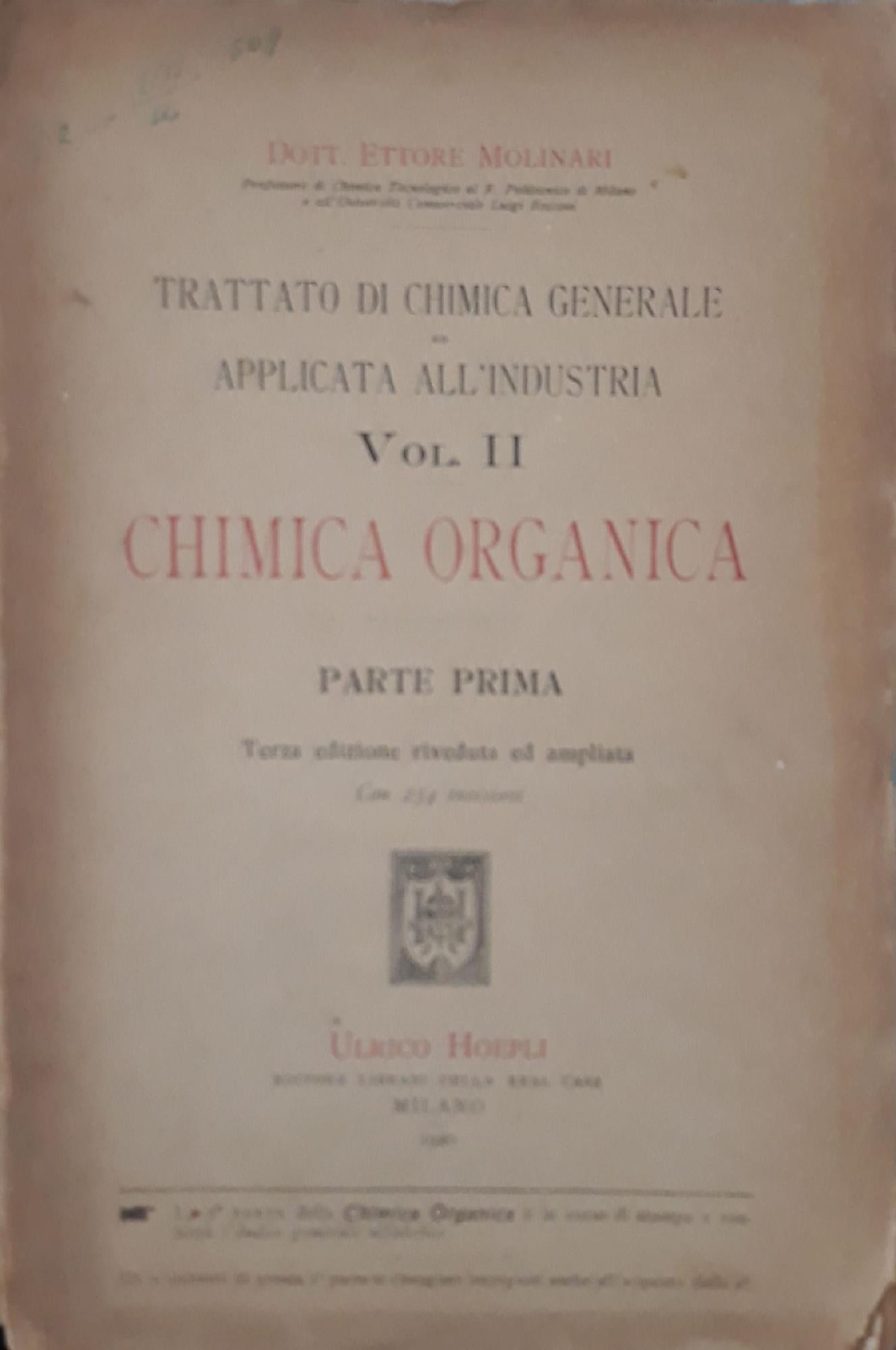 Trattato di chimica generale ed applicata all'industria (vol.II) - Chimica organica (parte prima) - copertina
