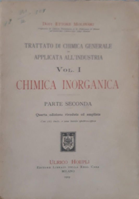 Trattato di chimica generale ed applicata all'industria (vol. I) - Chimica inorganica (parte seconda) - copertina