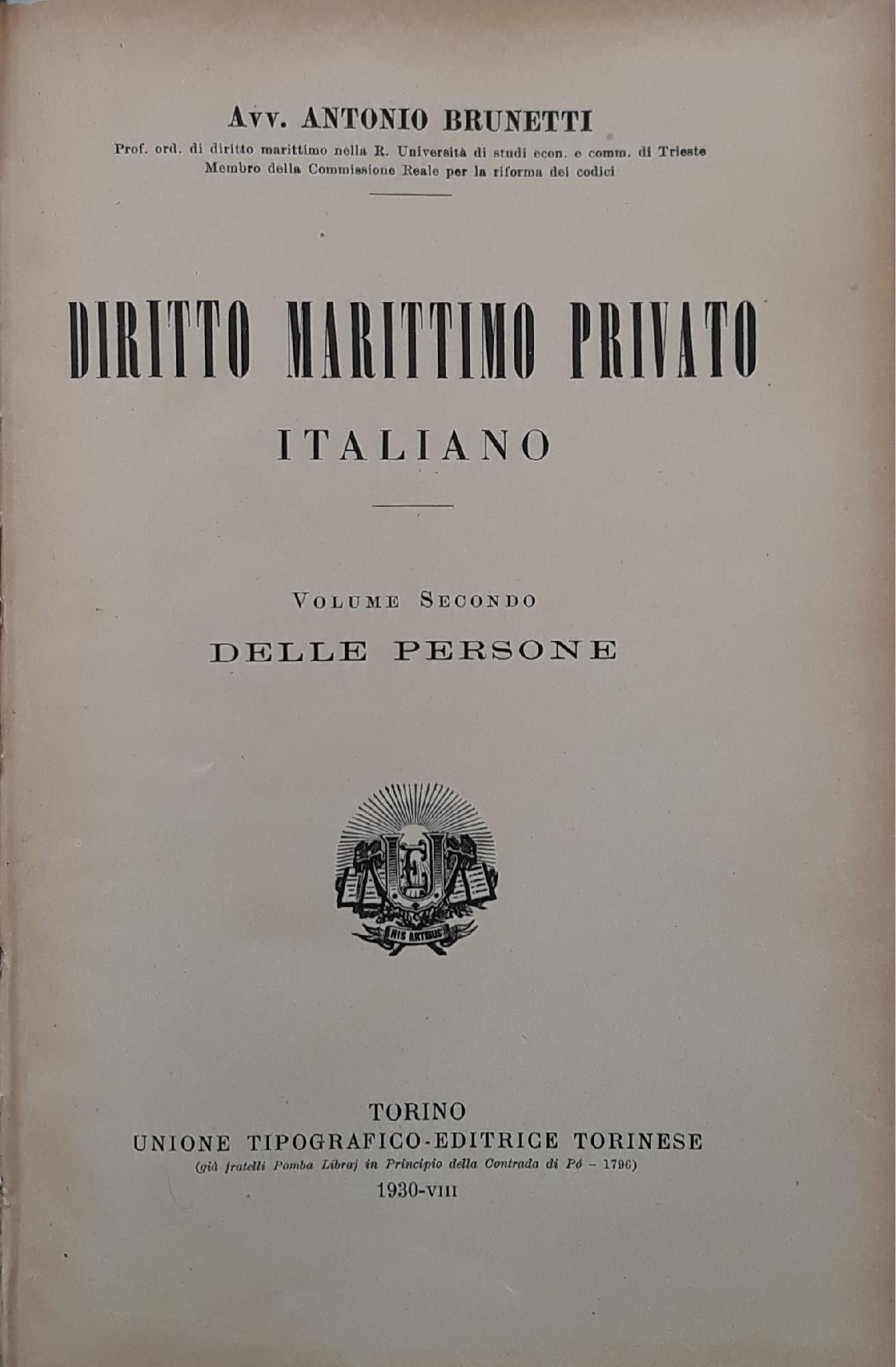 Diritto marittimo privato italiano (volume secondo) delle persone - copertina