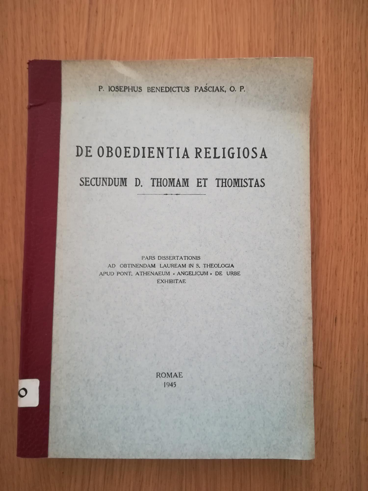 De oboedientia religiosa secundum D. Thomam et Thomistas - copertina