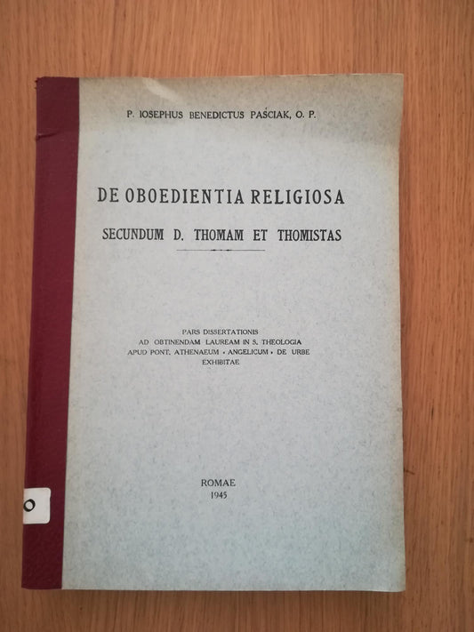 De oboedientia religiosa secundum D. Thomam et Thomistas - copertina