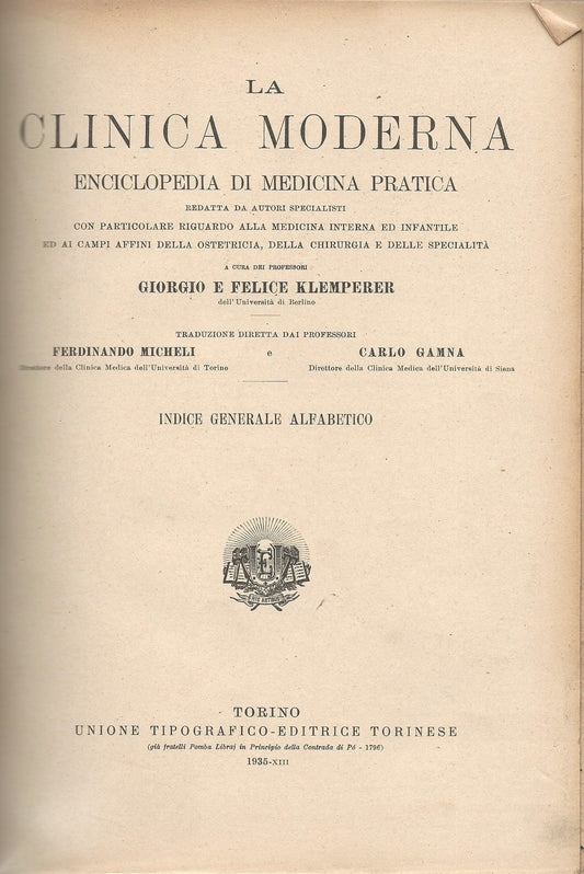 La clinica moderna enciclopedia di medicina pratica. Indice generale alfabetico - copertina