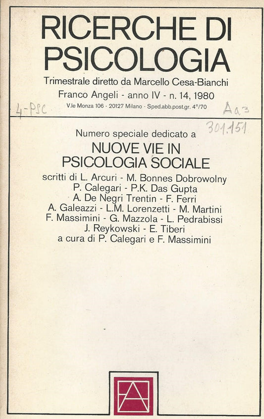 Ricerche di psicologia. Numero speciale dedicato a Nuove vie in psicologia sociale. Anno IV, n.14 1980. - copertina