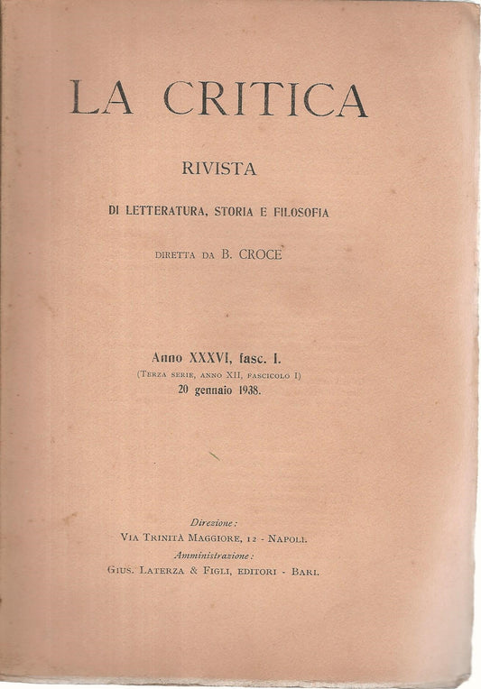 La critica. Rivista di letteratura,storia e filosofia. Anno XXXVI fasc.I 20 gennaio 1938 - copertina