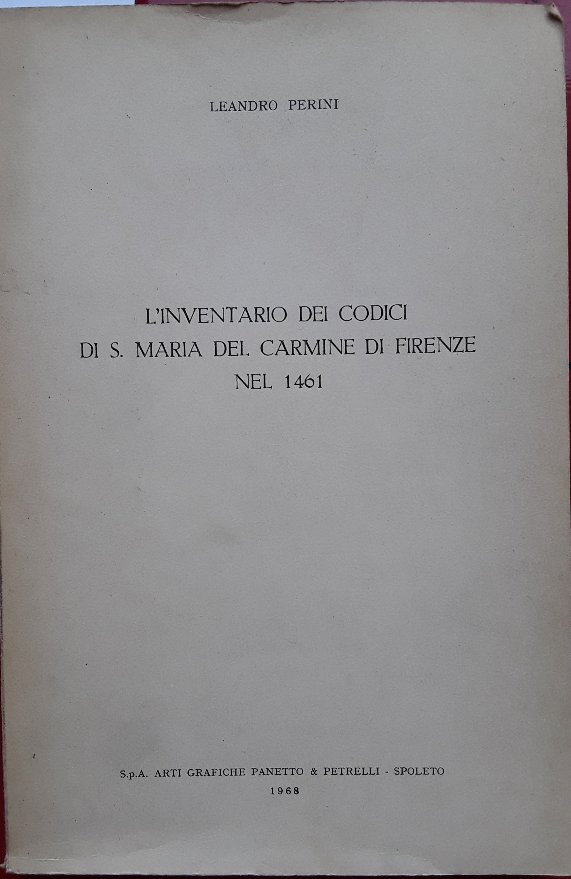L'inventario dei codici di S. Maria del Carmine di Firenze nel 1461 - copertina