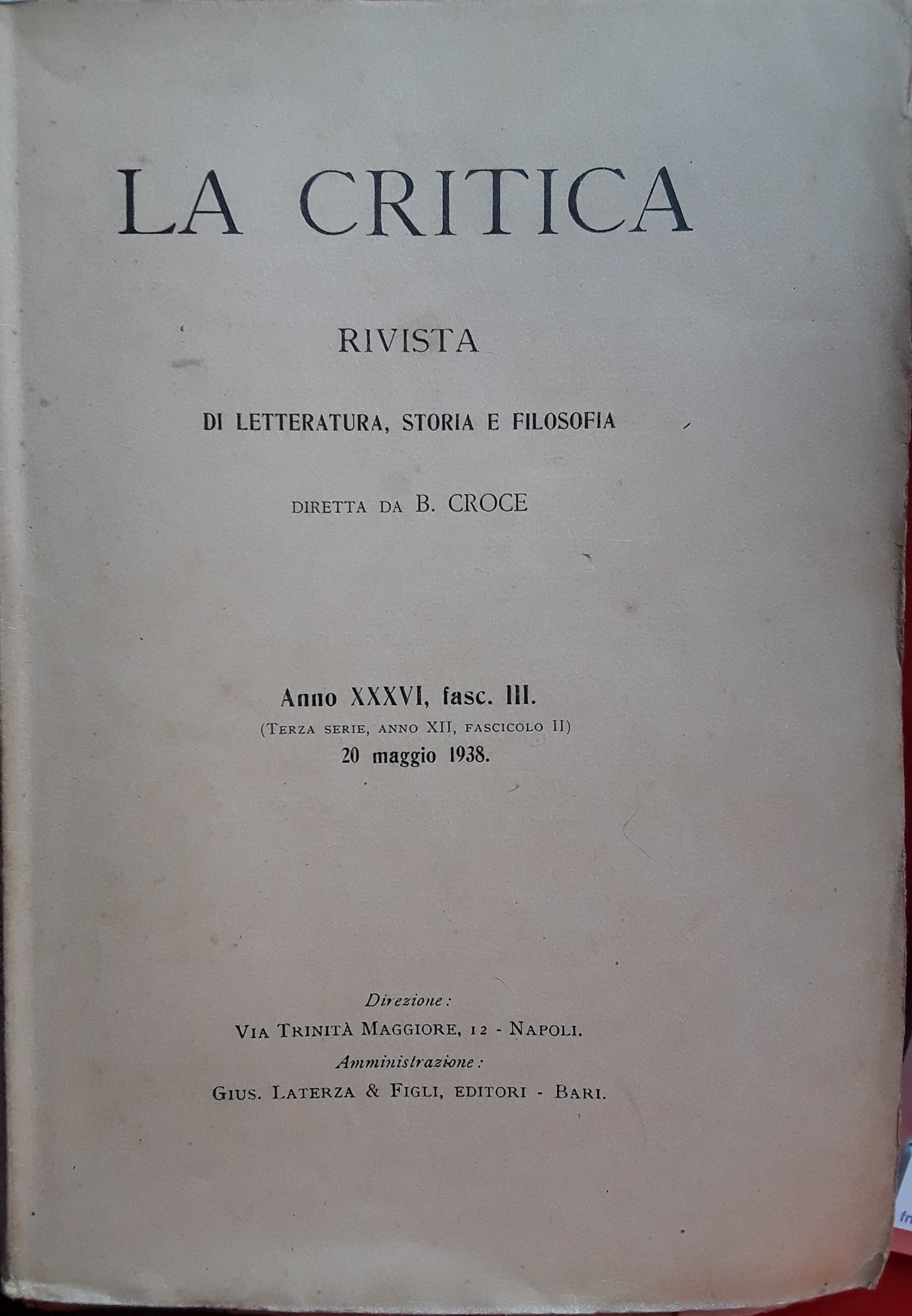 La critica. Rivista di letteratura, storia e filosofia. Anno XXXVI fasc.III. 20 maggio 1938 - copertina