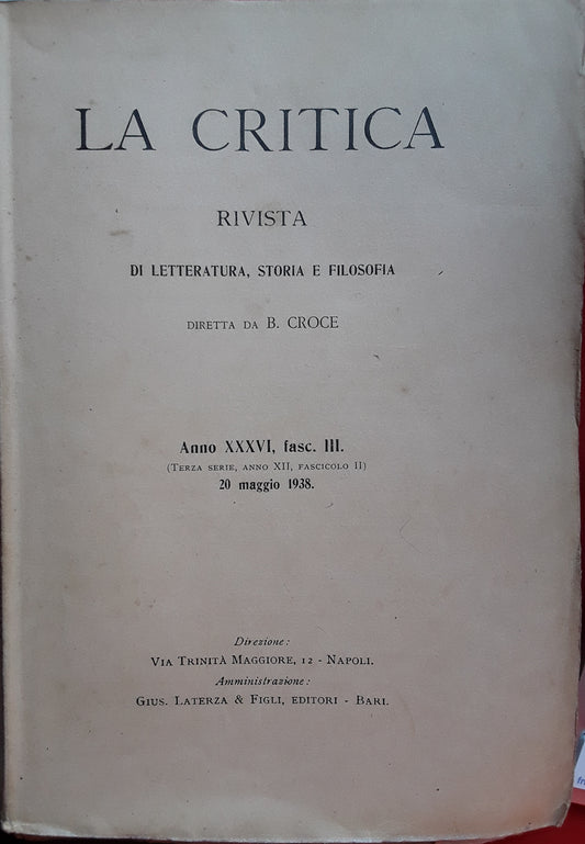 La critica. Rivista di letteratura, storia e filosofia. Anno XXXVI fasc.III. 20 maggio 1938 - copertina