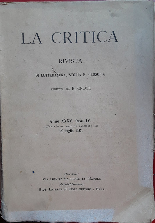 La critica. Rivista di letteratura, storia e filosofia. Anno XXXV fasc.IV 20 luglio 1937 - copertina