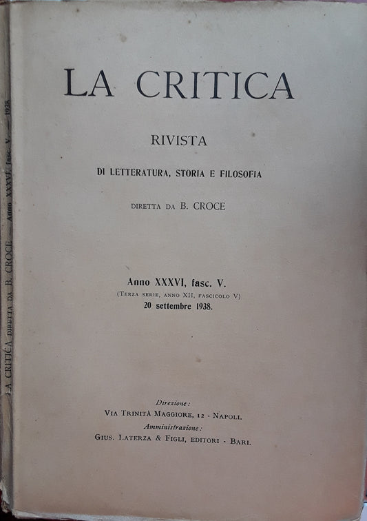 La critica. Rivista di letteratura, storia e filosofia. Anno XXXVI fasc. V. 20 settembre 1938 - copertina