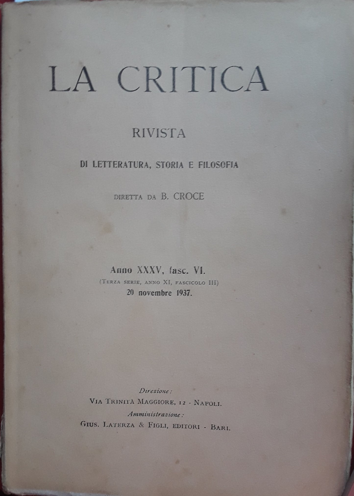 La critica. Rivista di letteratura, storia e filosofia. Anno XXXV fasc.VI. 20 novembre 1937 - copertina