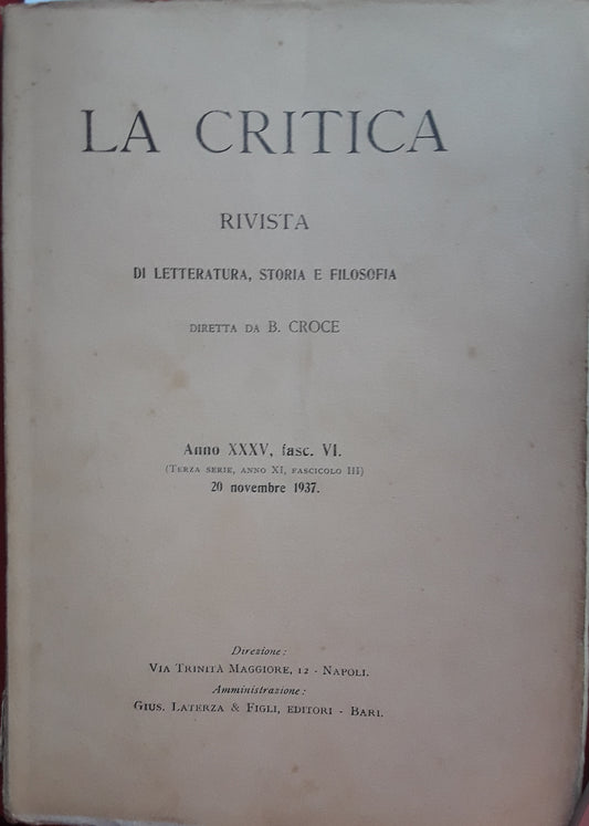 La critica. Rivista di letteratura, storia e filosofia. Anno XXXV fasc.VI. 20 novembre 1937 - copertina