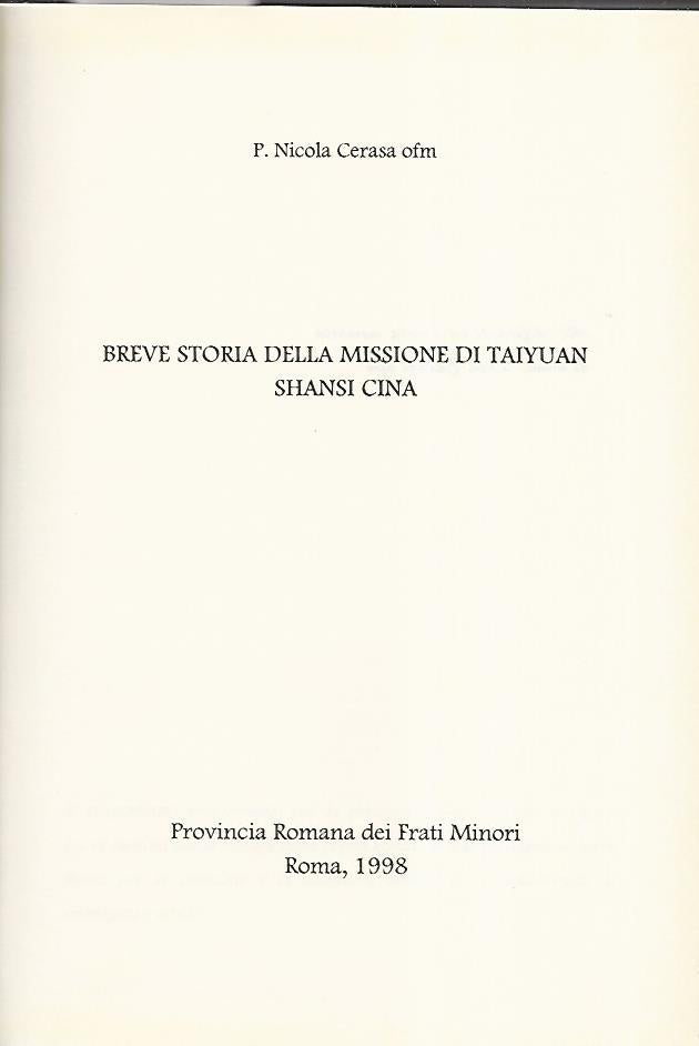 Breve storia della missione di Taiyuan Shansi Cina - copertina
