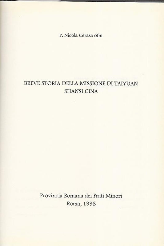Breve storia della missione di Taiyuan Shansi Cina - copertina