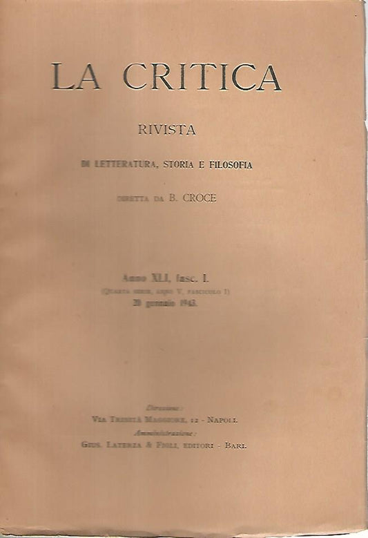 La critica rivista di letteratura,storia e filosofia.Anno XLI fasc. I - copertina