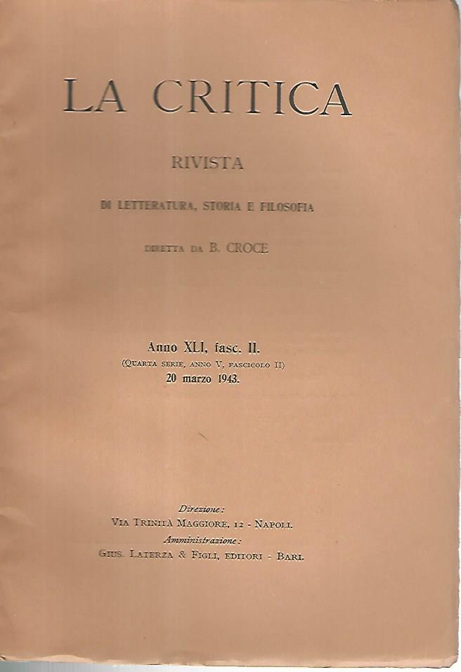 La critica. Rivista di letteratura, storia e filosofia. Anno XLI  fasc. II - copertina