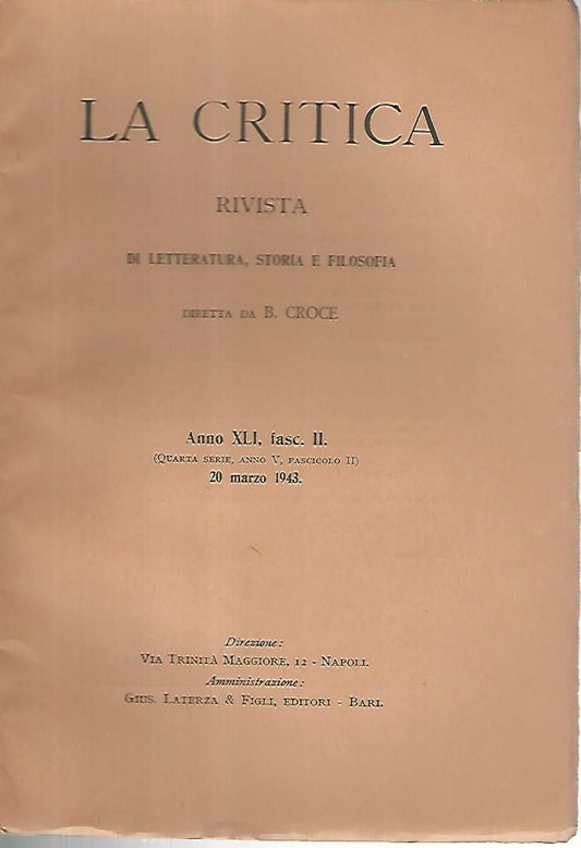La critica. Rivista di letteratura, storia e filosofia. Anno XLI  fasc. II - copertina