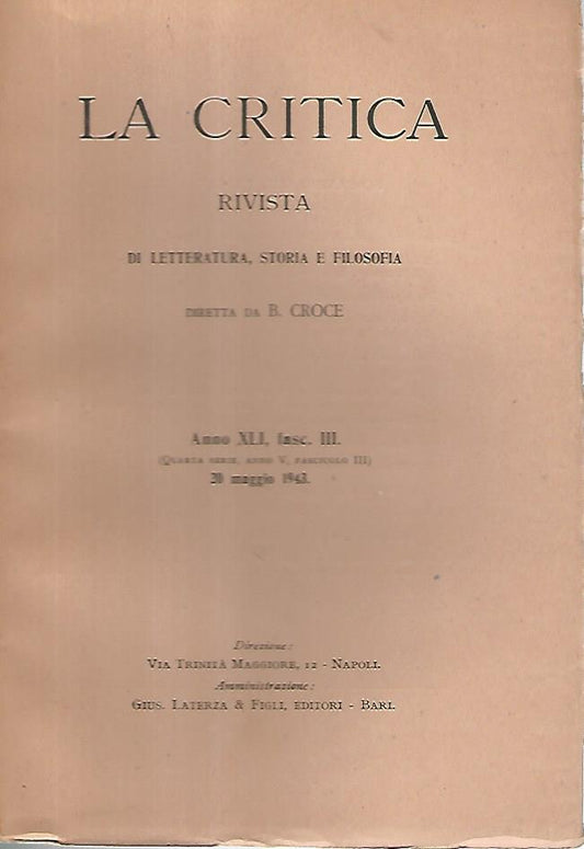 La critica rivista di letteratura,storia e filosofia. Anno XLI fasc. III - copertina