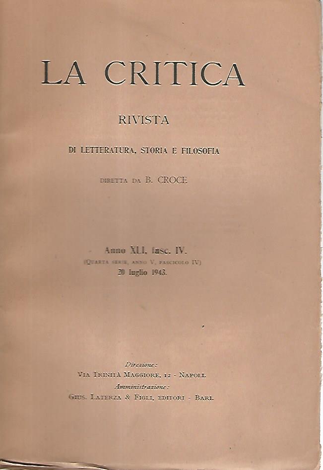 La critica rivista di letteratura,storia e filosofia. Anno XLI fasc IV - copertina